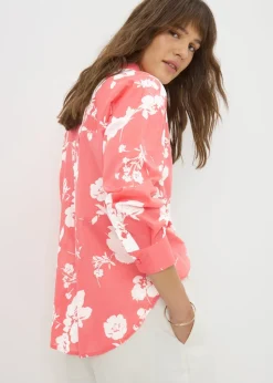 Tops>Papaya Coral Cotton Floral Shirt