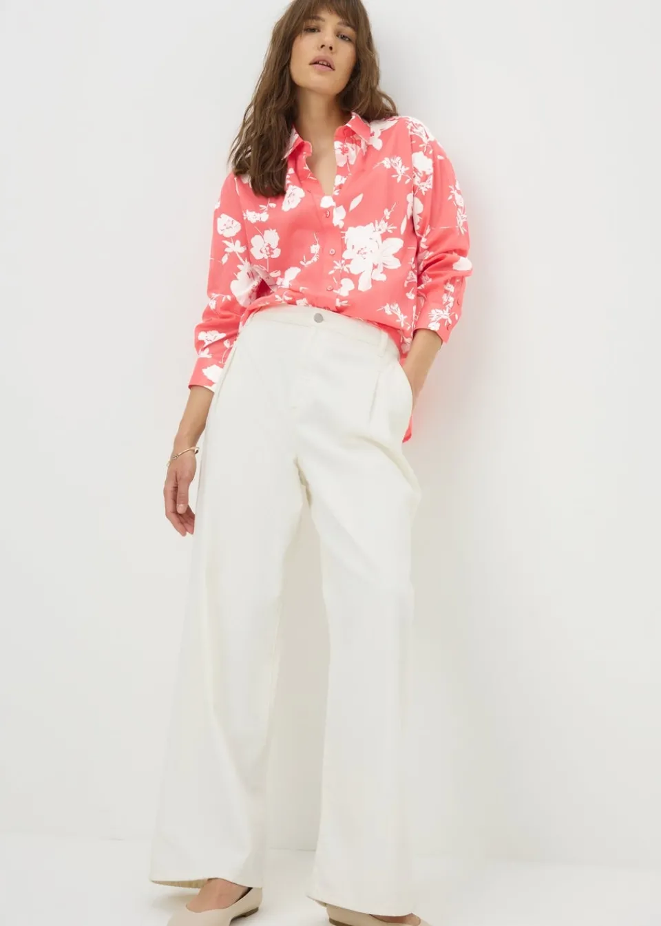 Tops>Papaya Coral Cotton Floral Shirt