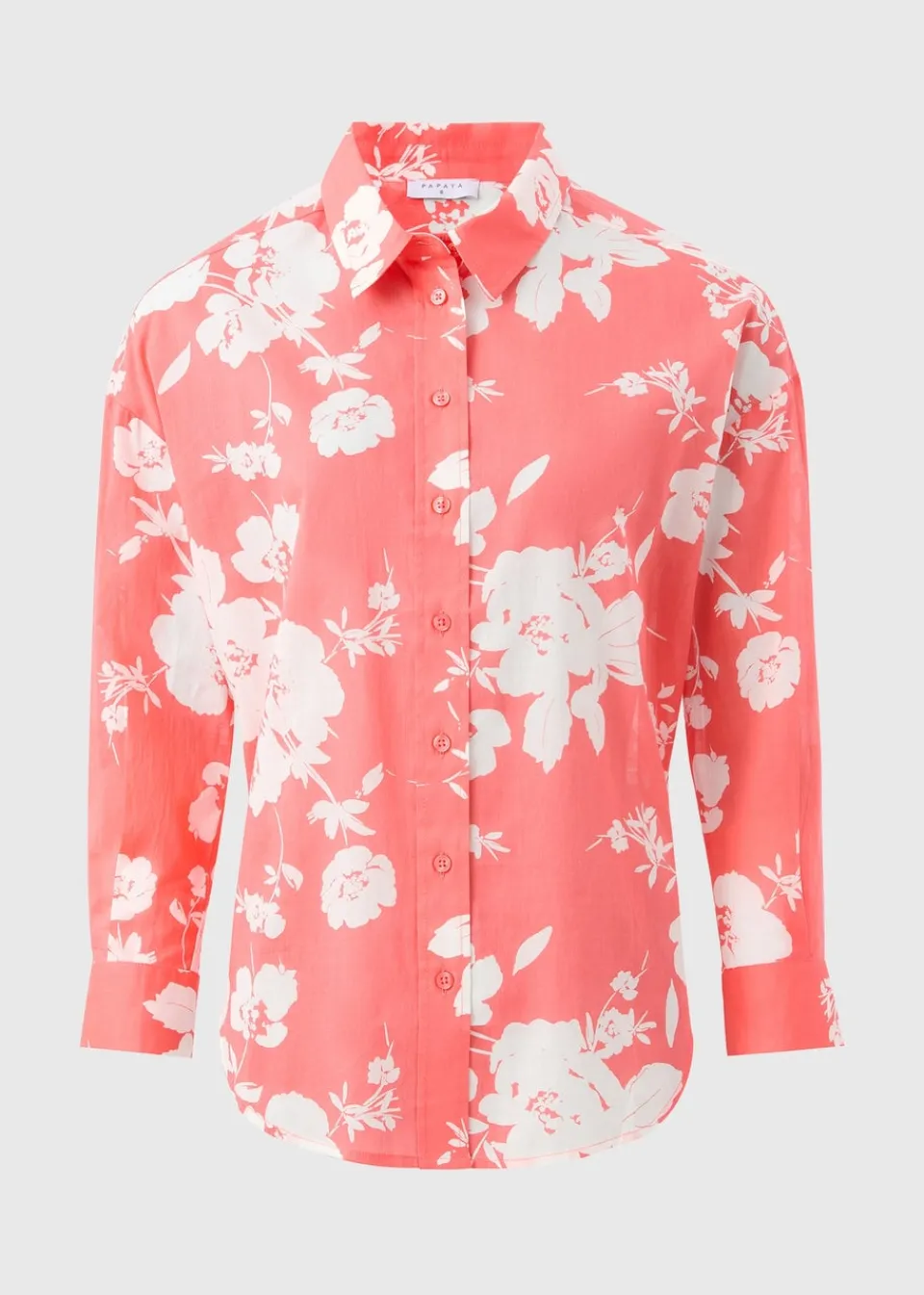 Tops>Papaya Coral Cotton Floral Shirt