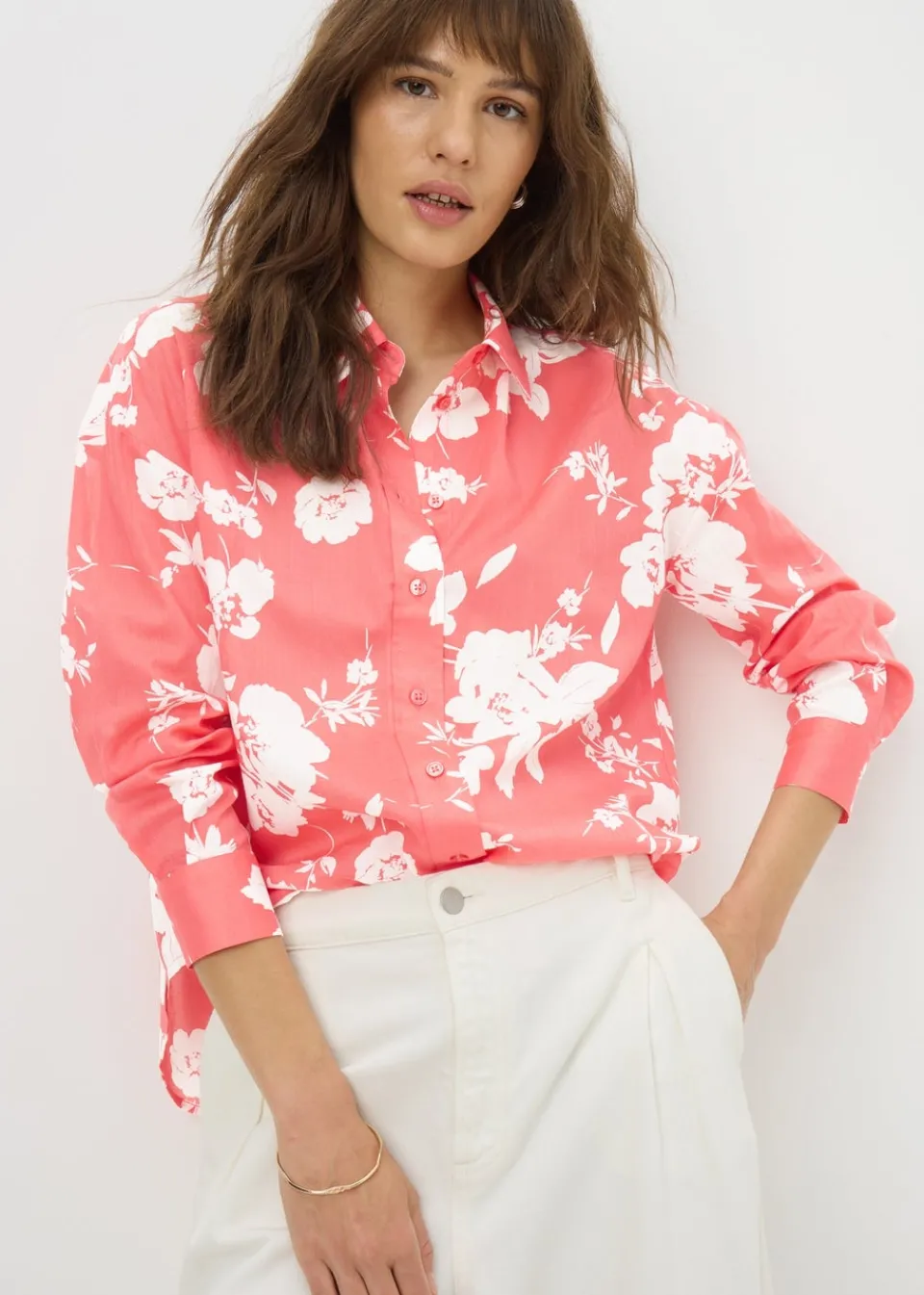 Tops>Papaya Coral Cotton Floral Shirt