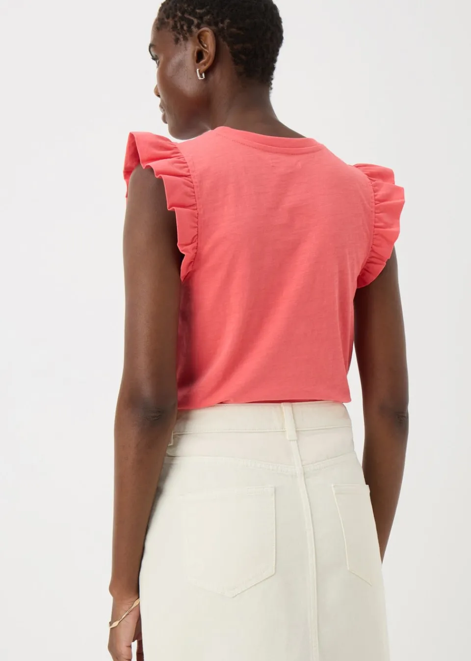 T-Shirts>Papaya Coral Ruffle Sleeve T-Shirt