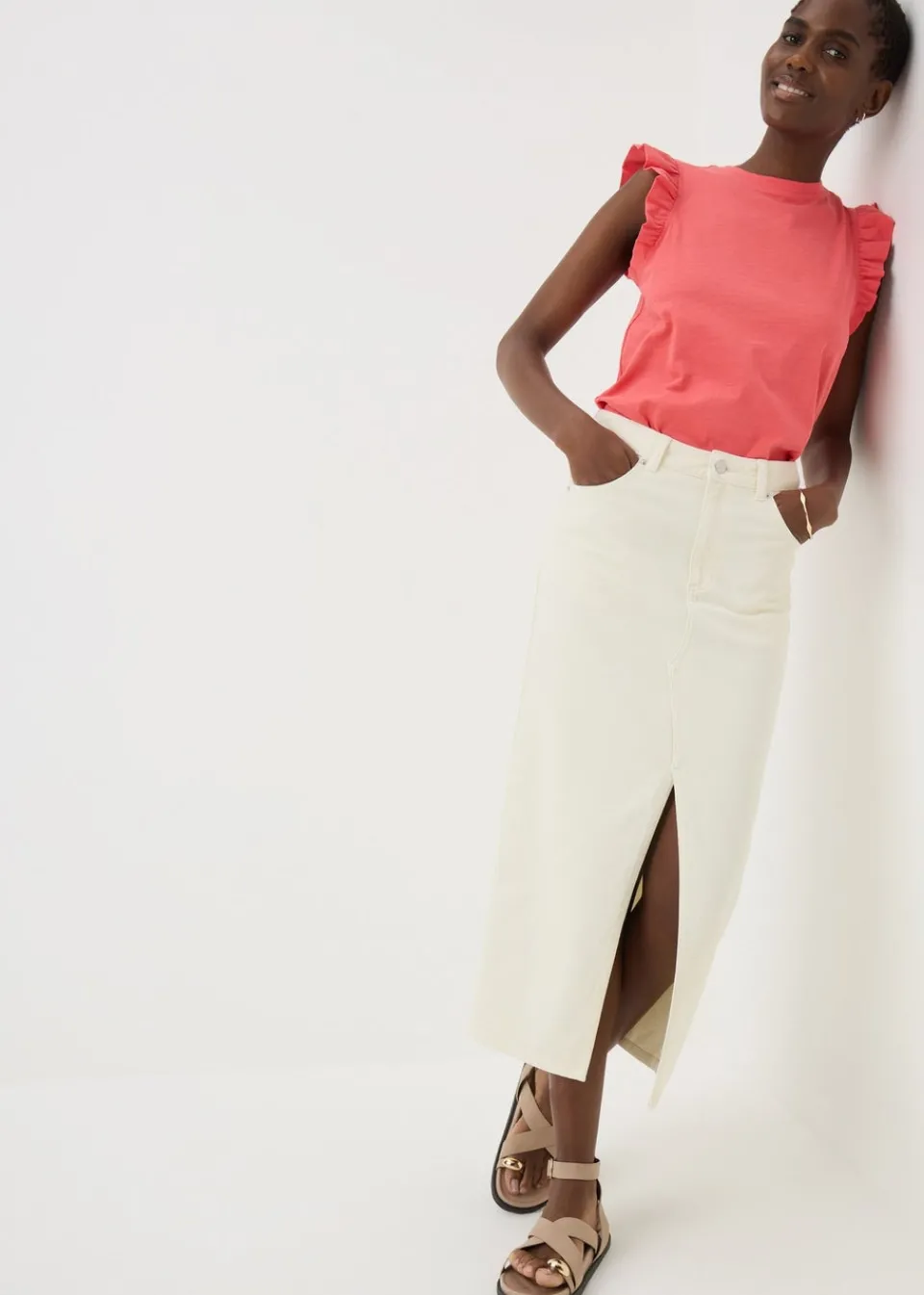 T-Shirts>Papaya Coral Ruffle Sleeve T-Shirt
