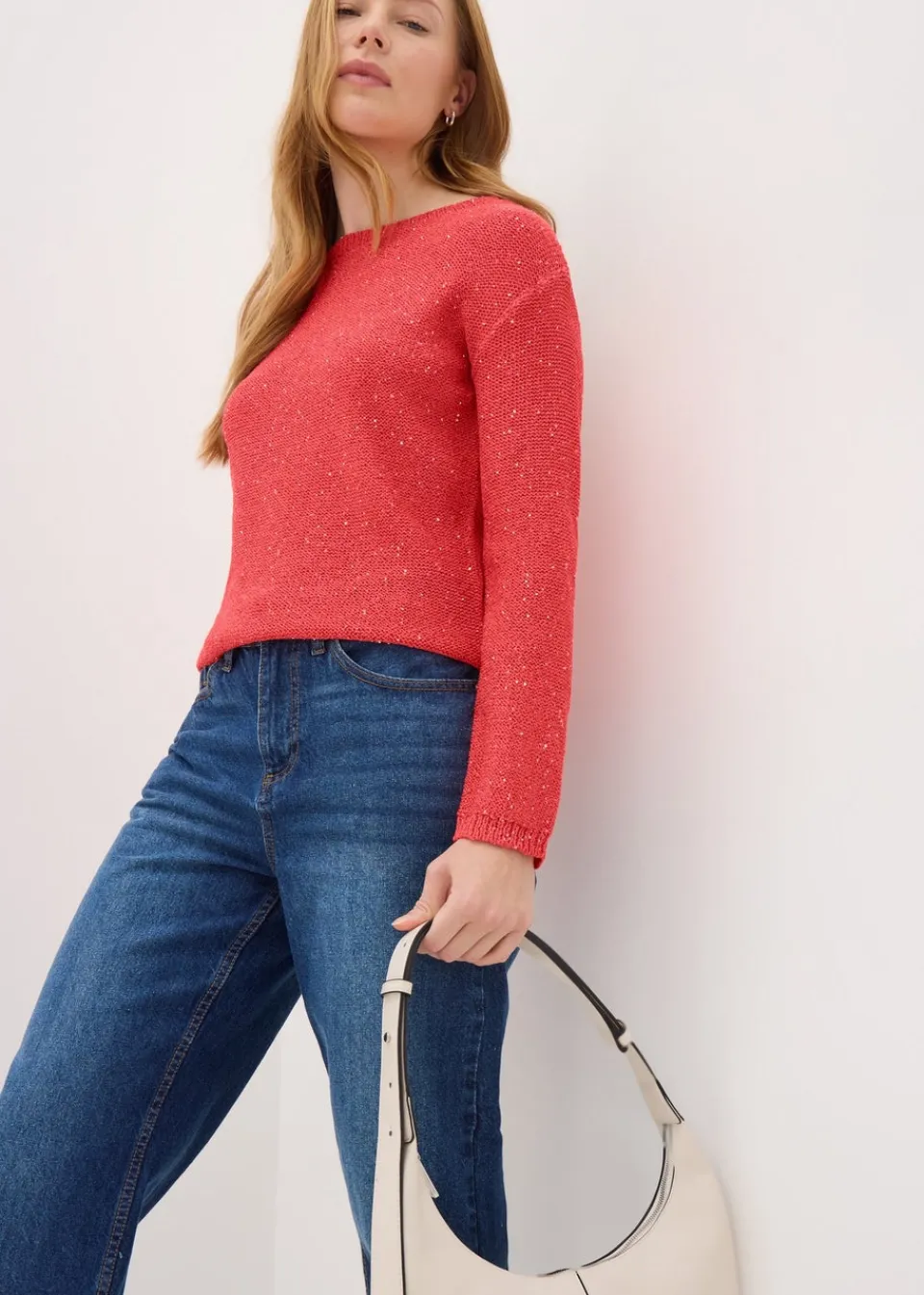 Knitwear>Papaya Sequin Boat Neck Jumper Coral