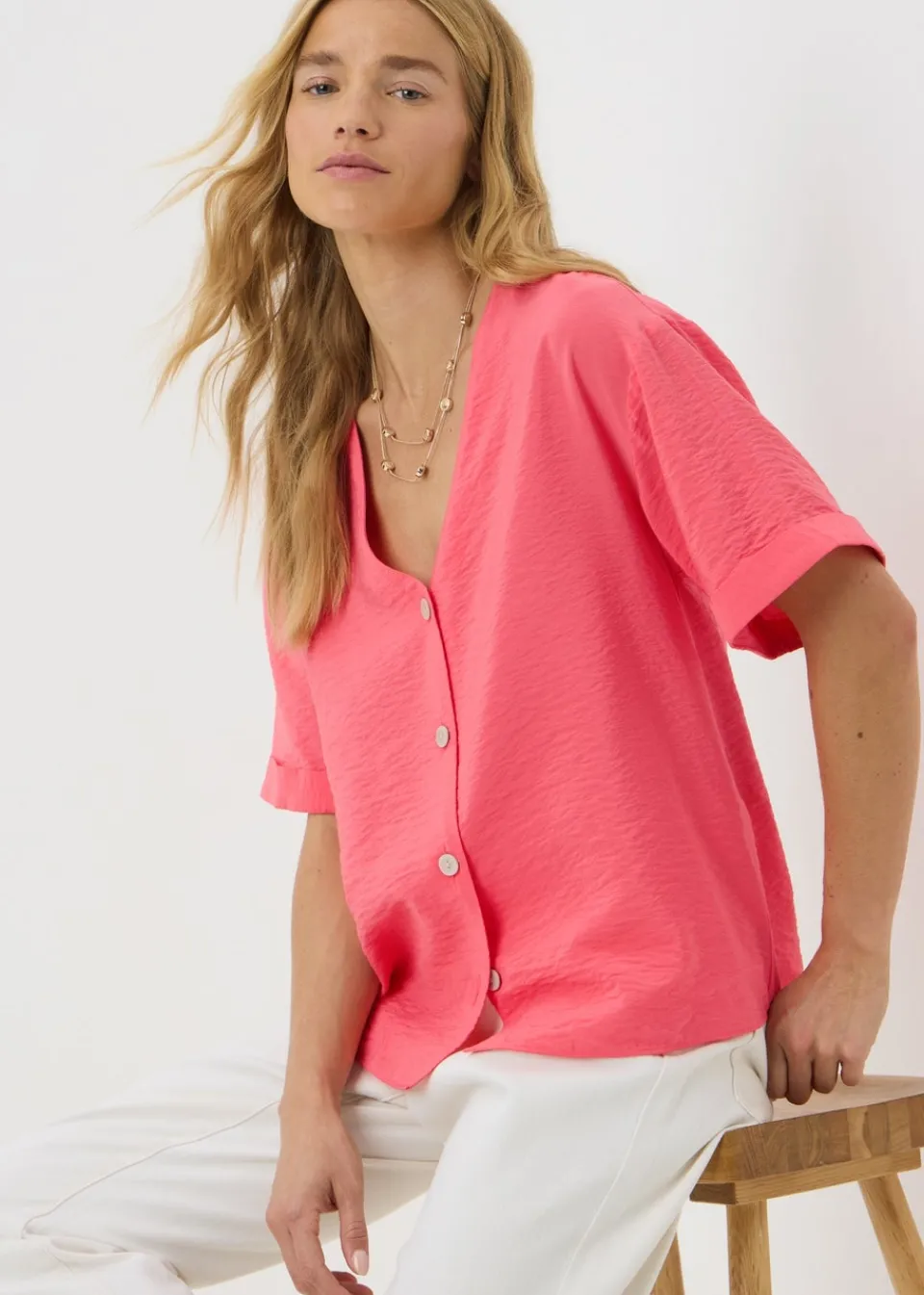 Tops>Papaya Coral Short Sleeve V-Neck Shirt