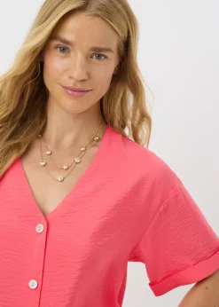 Tops>Papaya Coral Short Sleeve V-Neck Shirt