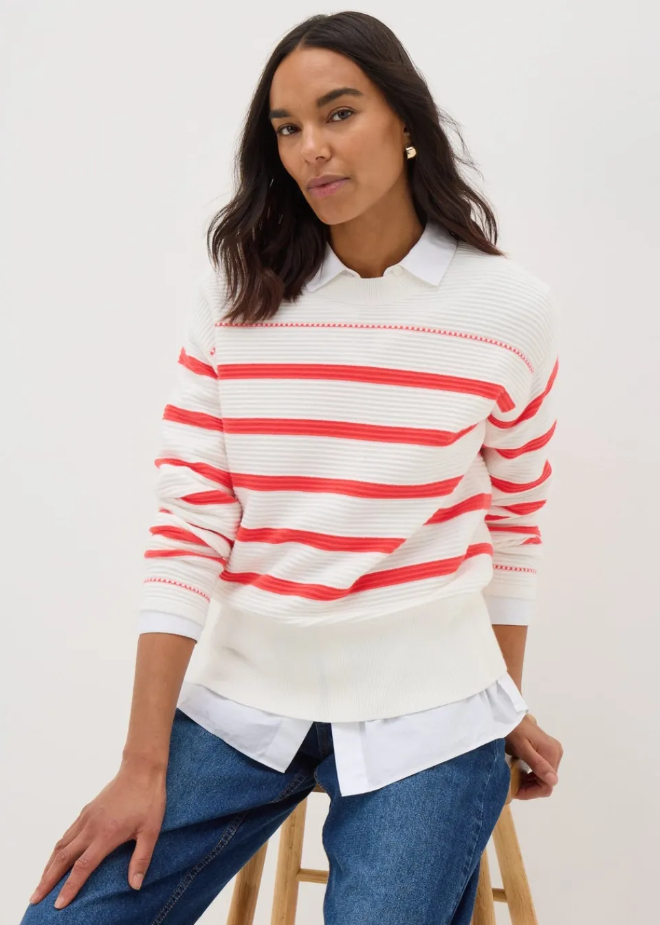 Tops>Papaya Stripe Knitted Jumper Coral