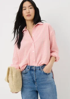 Tops>Papaya Stripe Seersucker Cotton Shirt Coral