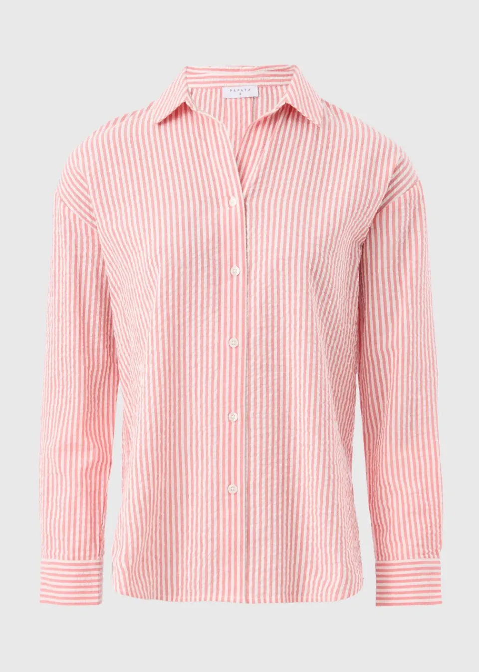 Tops>Papaya Stripe Seersucker Cotton Shirt Coral