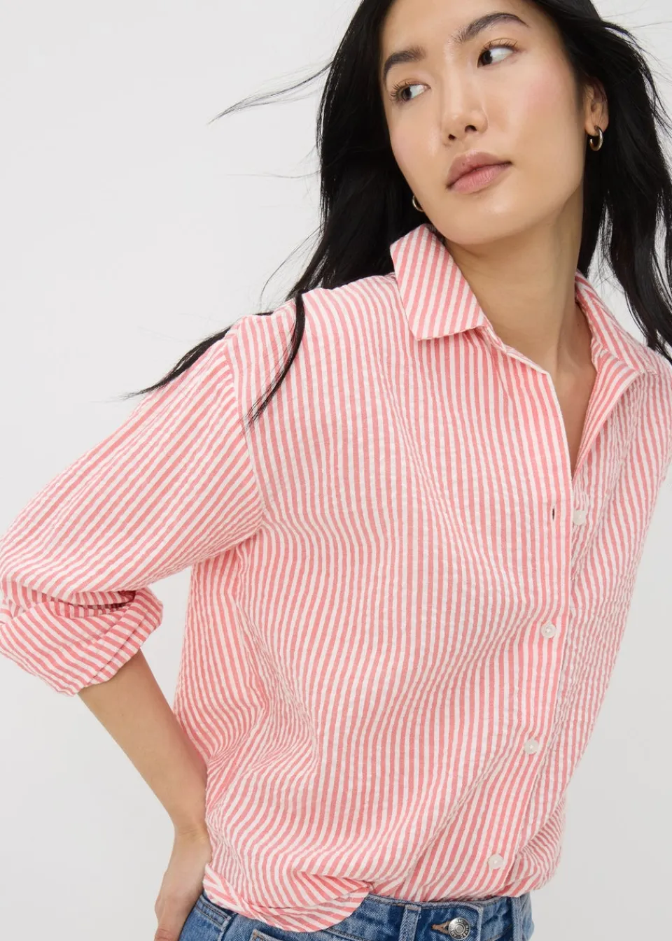 Tops>Papaya Stripe Seersucker Cotton Shirt Coral