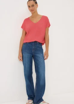 T-Shirts>Papaya Coral V-Neck Relaxed Fit T-Shirt