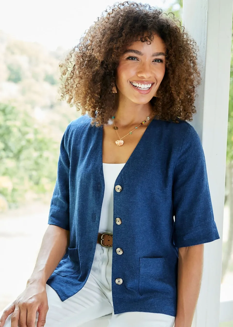 Tops>Cotton Traders Blue Dusk Linen-Blend Top