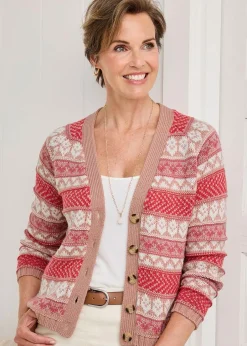 Tops>Cotton Traders Coral Blush Fair Isle Button Cardigan