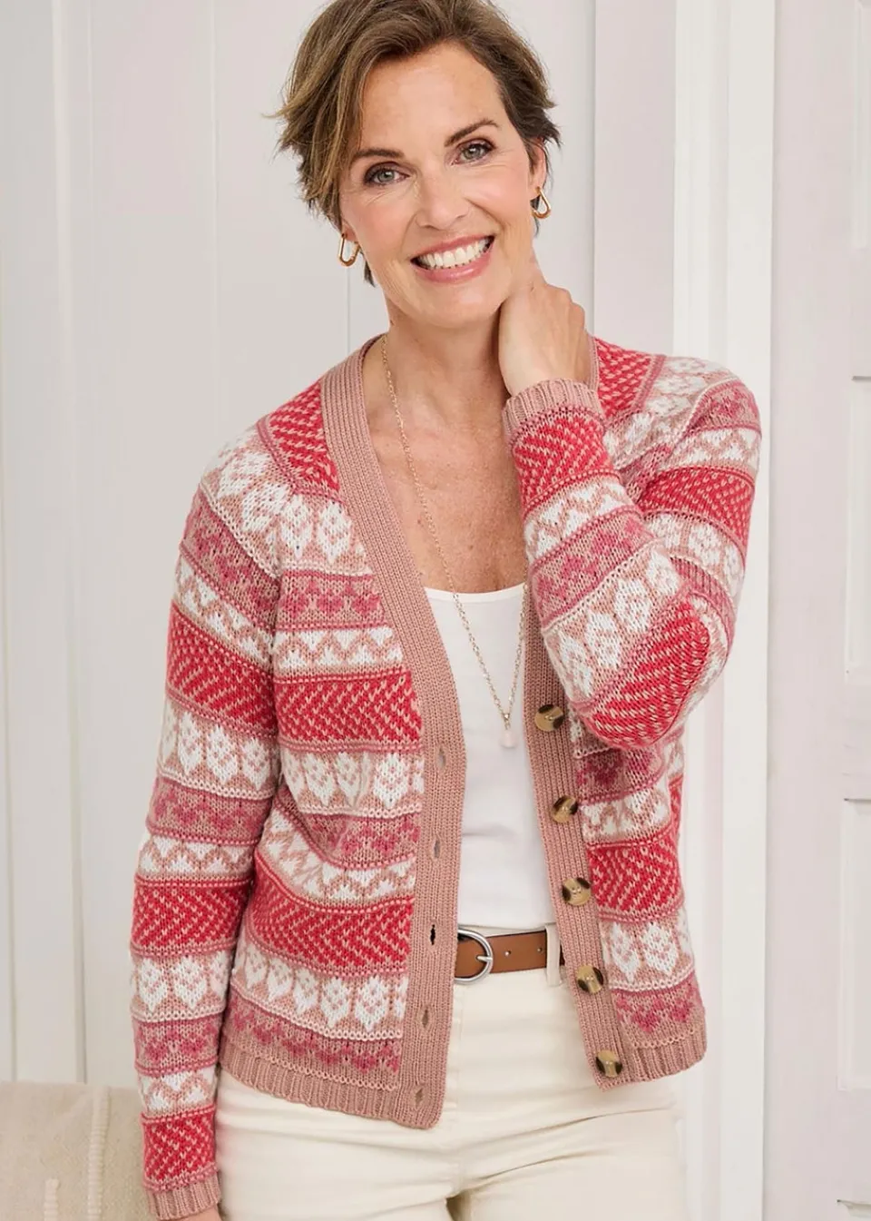 Tops>Cotton Traders Coral Blush Fair Isle Button Cardigan