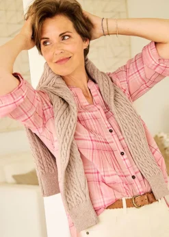 Tops>Cotton Traders Coral Blush Cotton Check Blouse