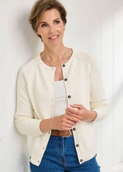 Tops>Cotton Traders Cream Cotton Crew Neck Cardigan