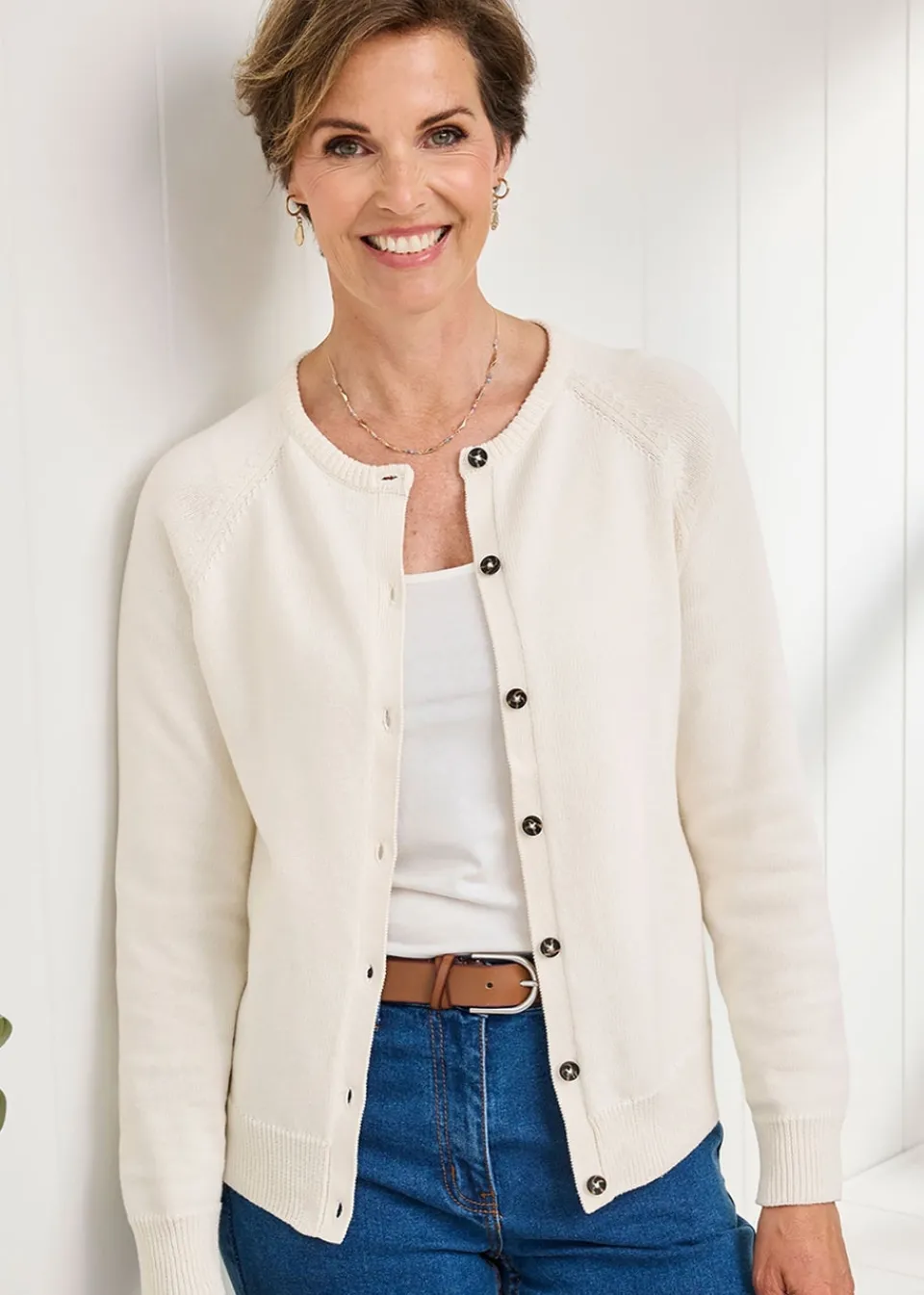 Tops>Cotton Traders Cream Cotton Crew Neck Cardigan