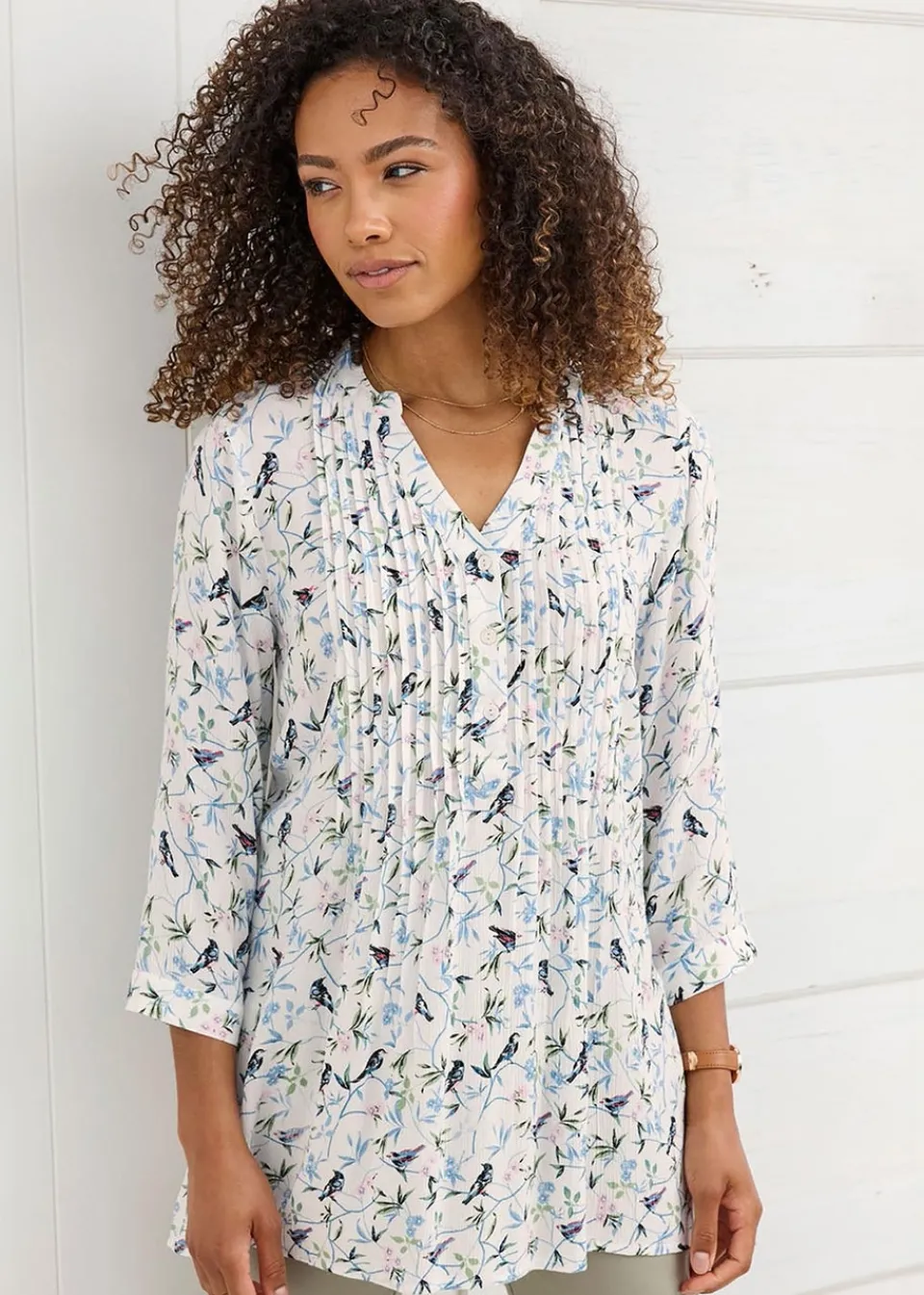 Tops>Cotton Traders Cream Printed Crinkle Tunic
