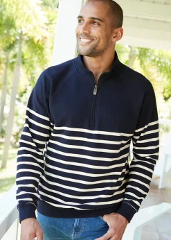 Loungewear>Cotton Traders Dark Blue Stripe Half Zip Sweatshirt