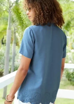 Tops>Cotton Traders Dark Blue Short Sleeve Cut Work Blouse