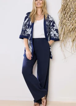 Trousers>Cotton Traders Dark Blue Viscose Linen Blend Trousers