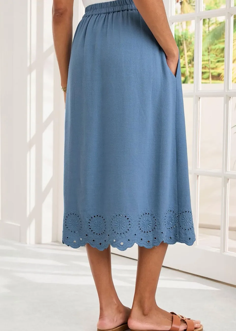 Skirts>Cotton Traders Dark Blue Pull On Cut Work Midi Skirt