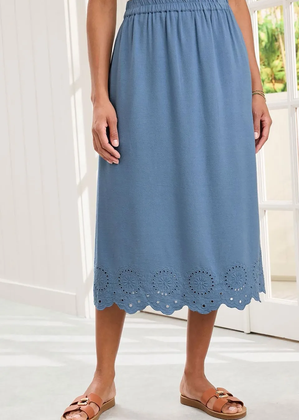Skirts>Cotton Traders Dark Blue Pull On Cut Work Midi Skirt