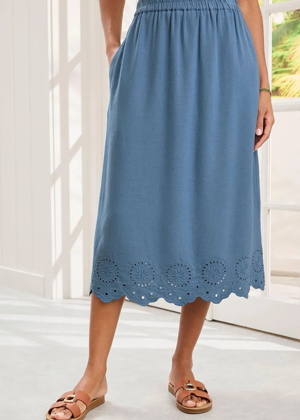 Skirts>Cotton Traders Dark Blue Pull On Cut Work Midi Skirt