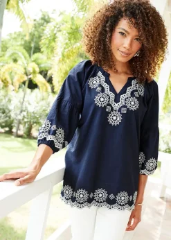 Tops>Cotton Traders Dark Blue Embroidered 3/4 Sleeve Top