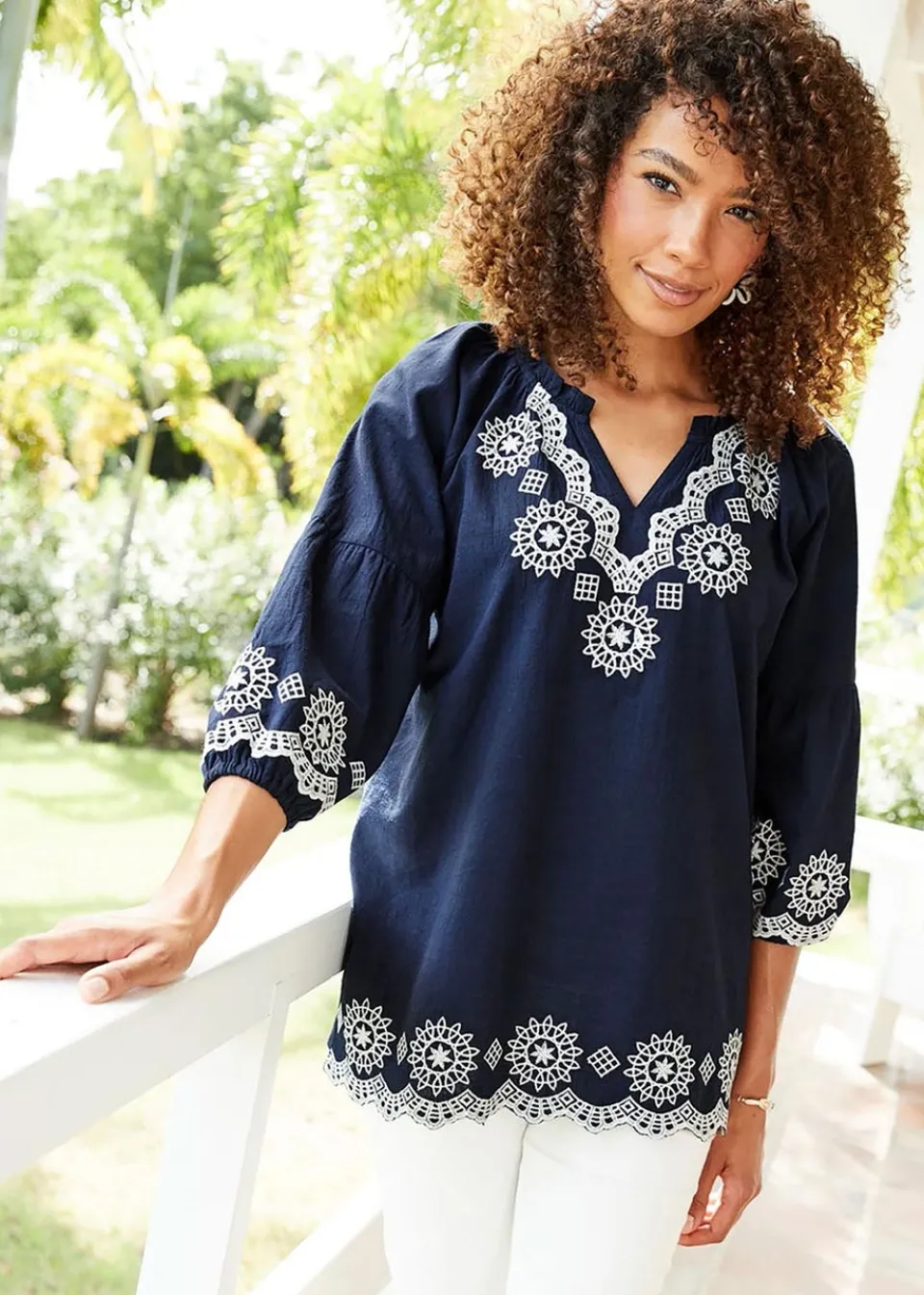Tops>Cotton Traders Dark Blue Embroidered 3/4 Sleeve Top