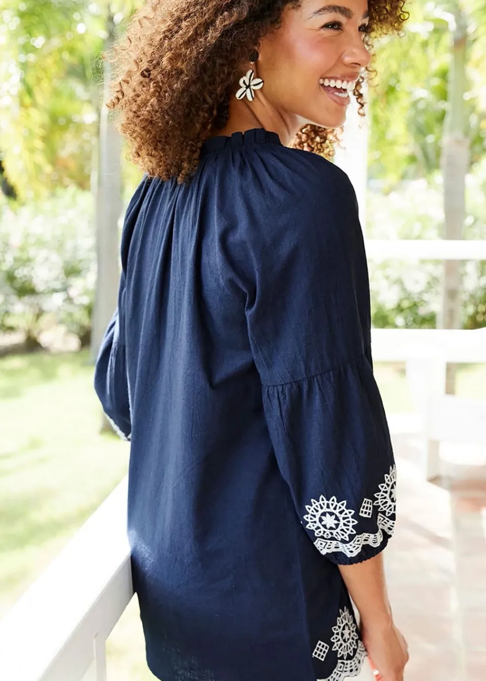Tops>Cotton Traders Dark Blue Embroidered 3/4 Sleeve Top