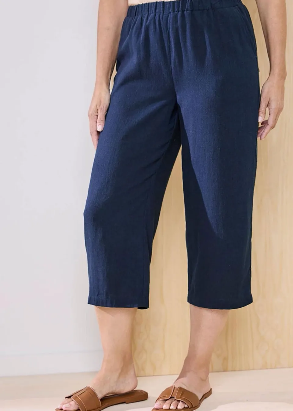 Trousers>Cotton Traders Dark Blue Viscose Linen Blend Crop Trousers