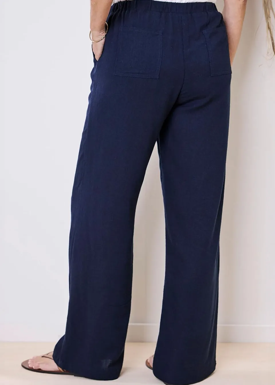 Trousers>Cotton Traders Dark Blue Viscose Linen Blend Crop Trousers