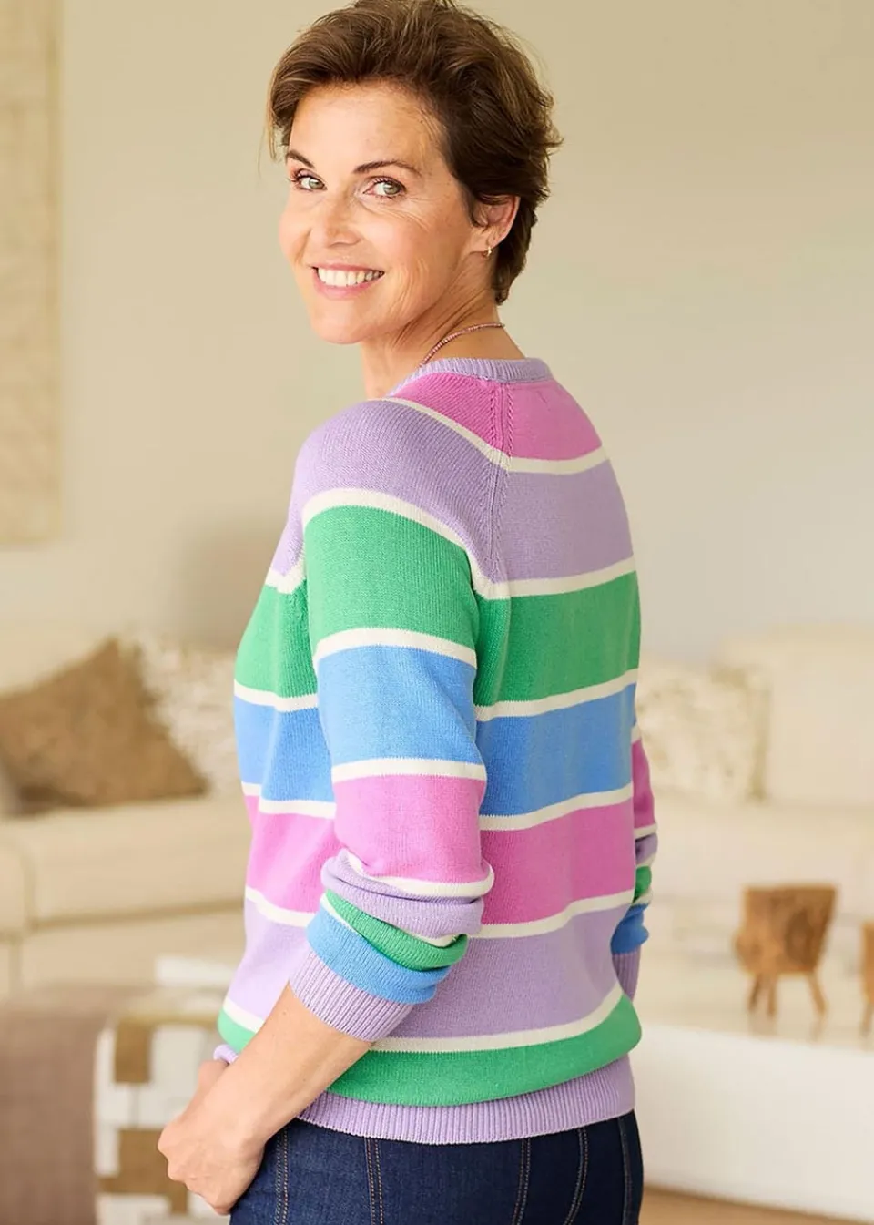 Tops>Cotton Traders Deep Lilac Cotton Crew Neck Stripe Jumper