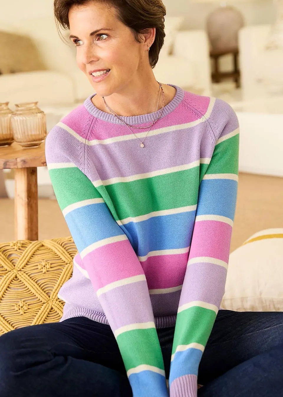 Tops>Cotton Traders Deep Lilac Cotton Crew Neck Stripe Jumper