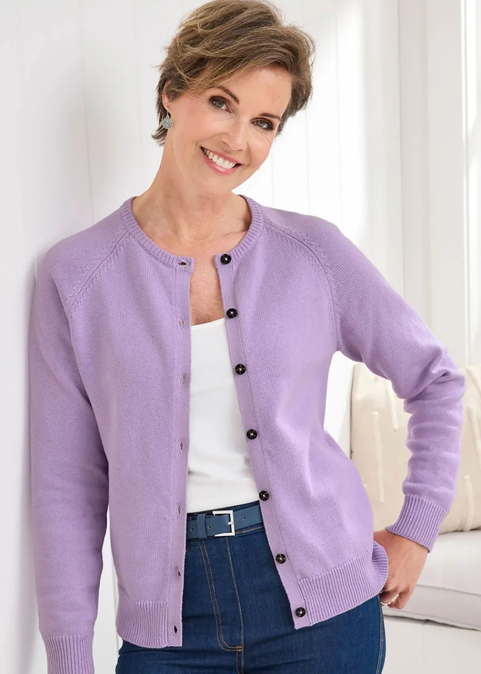 Tops>Cotton Traders Deep Lilac Cotton Crew Neck Cardigan