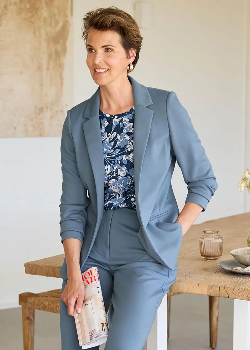 Coats & Jackets>Cotton Traders Dusky Blue Textured Jersey Unlined Blazer