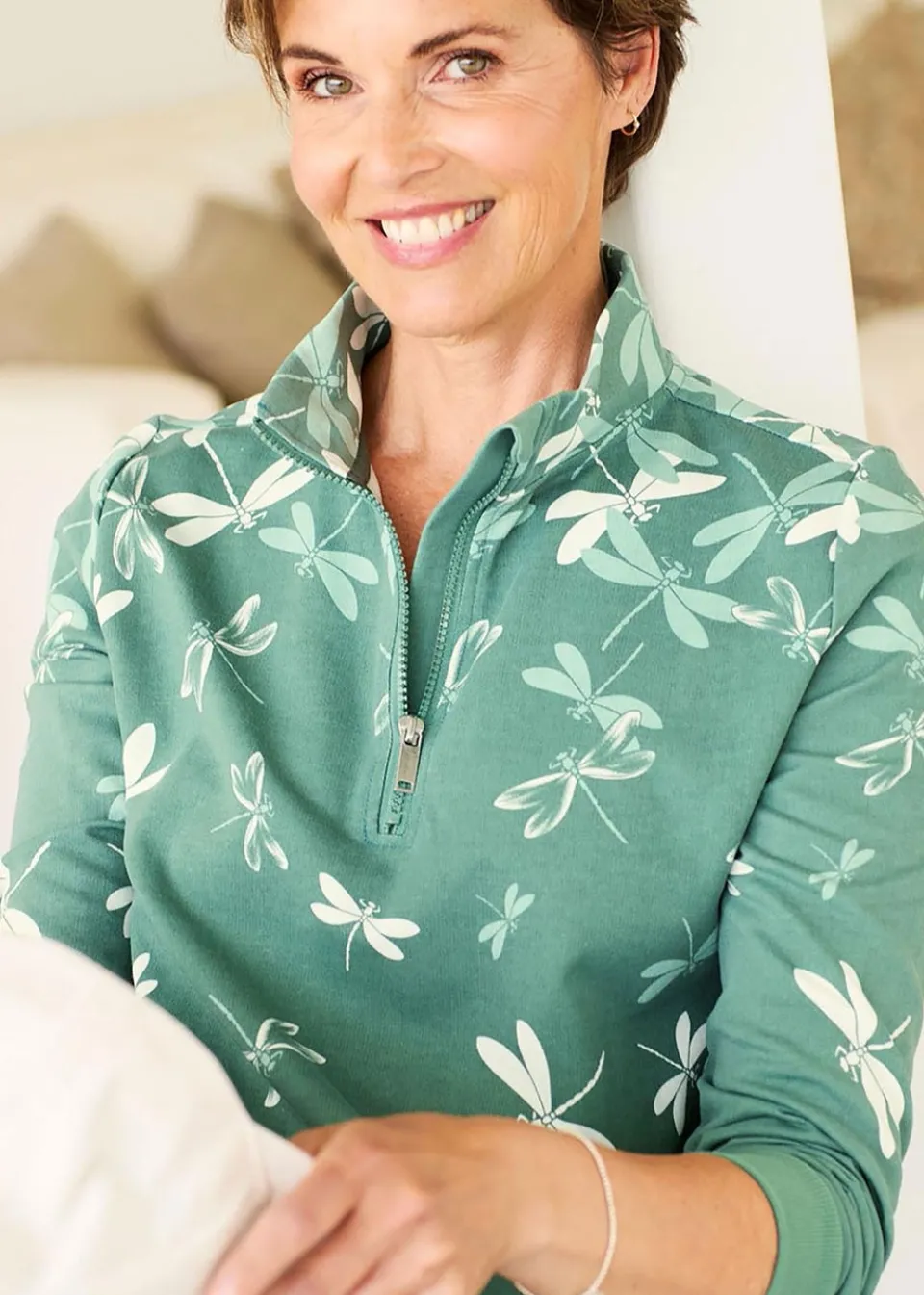 Tops>Cotton Traders Dusty Jade Print Zip-Neck Sweatshirt