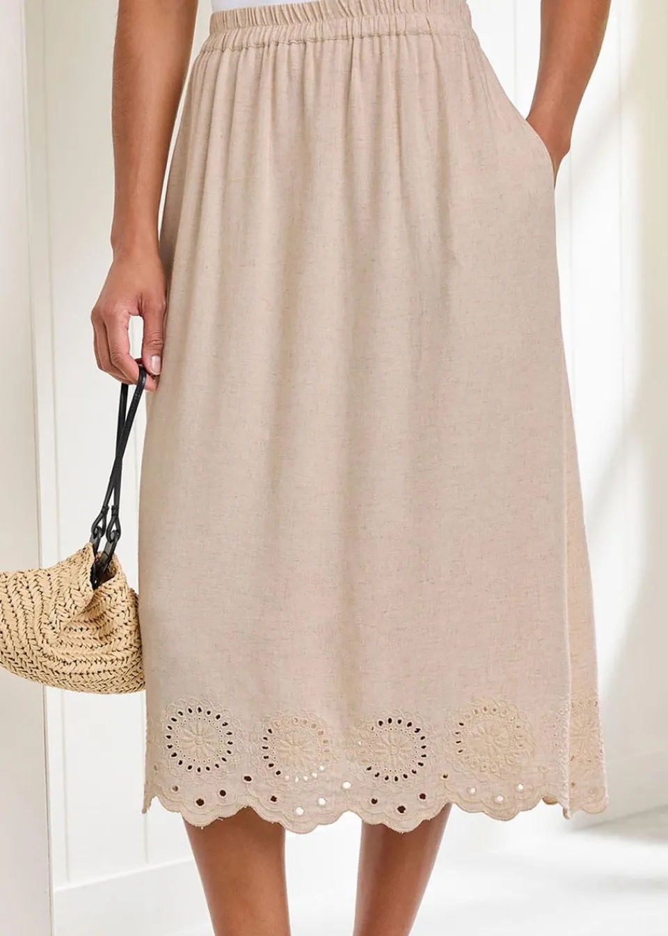 Skirts>Cotton Traders Ecru Pull On Cut Work Midi Skirt