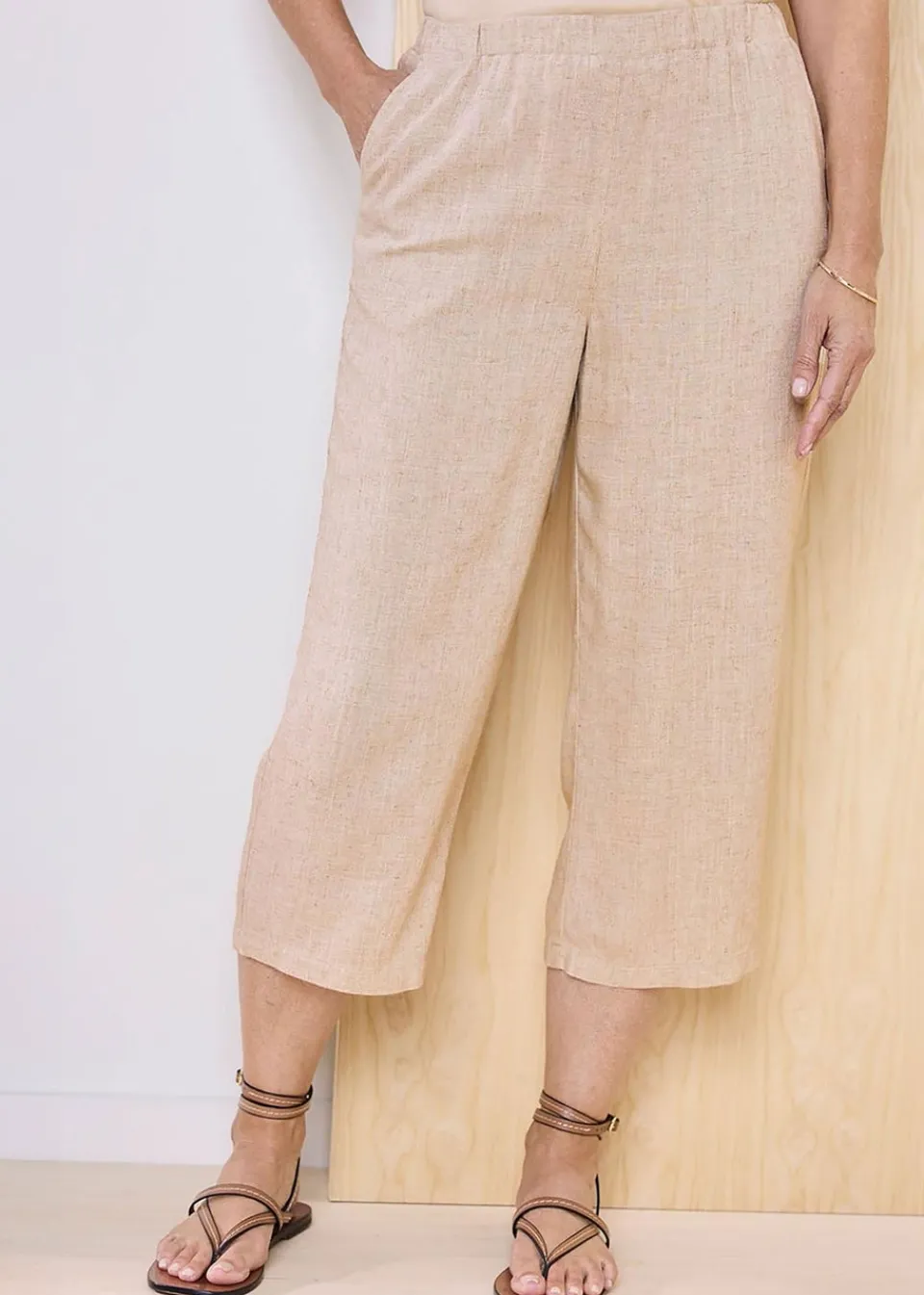 Trousers>Cotton Traders Ecru Viscose Linen Blend Crop Trousers
