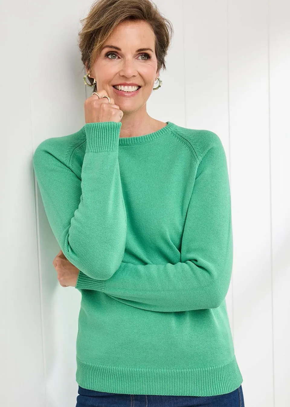 Tops>Cotton Traders Green Cotton Crew Neck Jumper