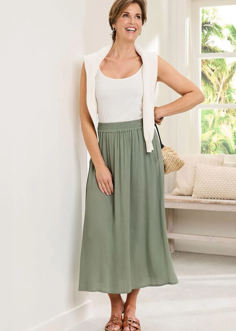 Skirts>Cotton Traders Grey Green Pull On Crinkle Maxi Skirt