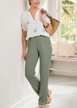 Trousers>Cotton Traders Grey Green Pull On Crinkle Trousers
