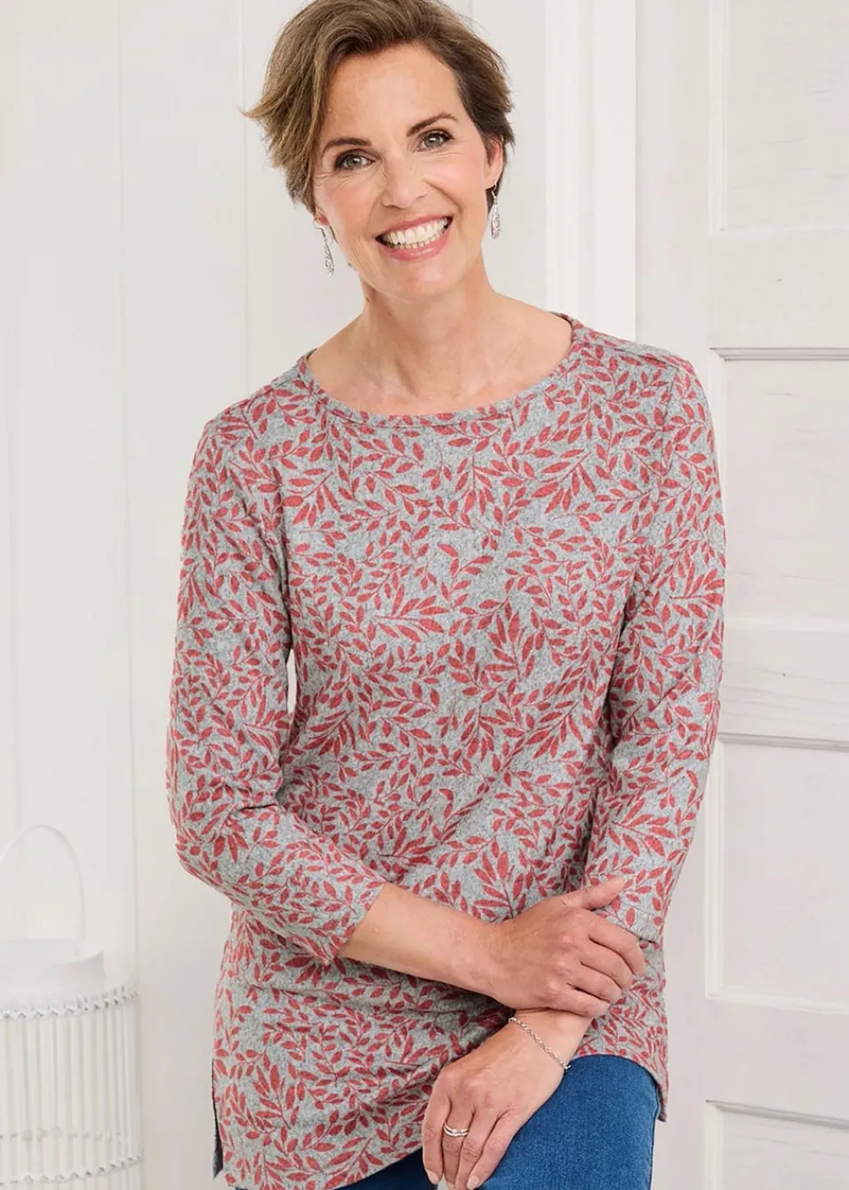 T-Shirts>Cotton Traders Grey Marl Soft Touch Print Jersey Tunic