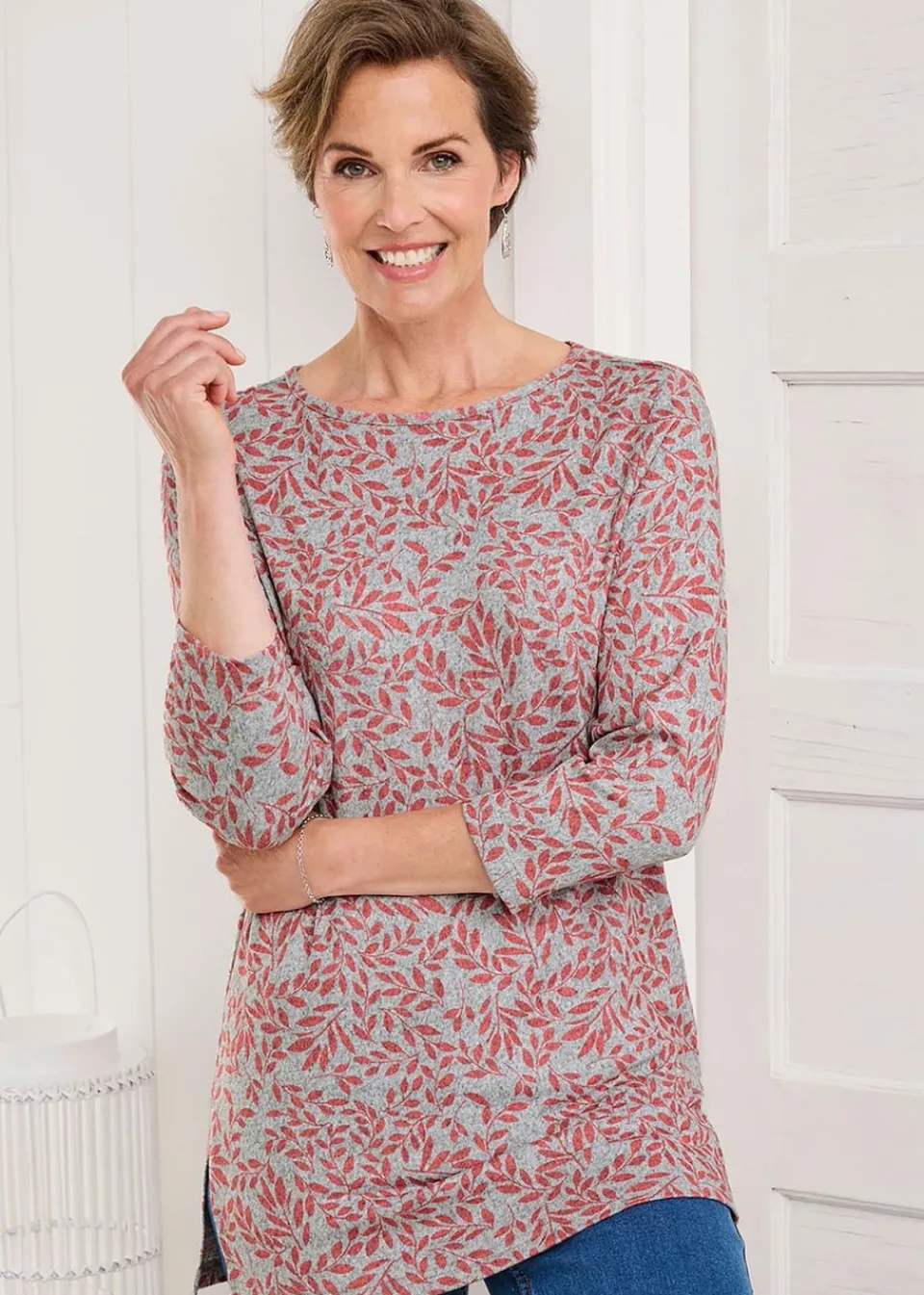 T-Shirts>Cotton Traders Grey Marl Soft Touch Print Jersey Tunic