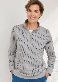 Loungewear>Cotton Traders Grey Marl Print Zip-Neck Sweatshirt