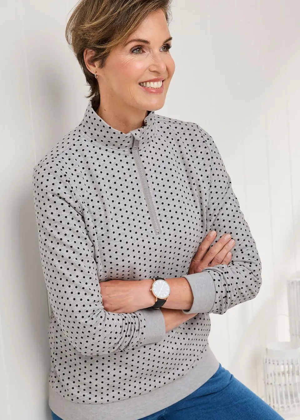 Loungewear>Cotton Traders Grey Marl Print Zip-Neck Sweatshirt