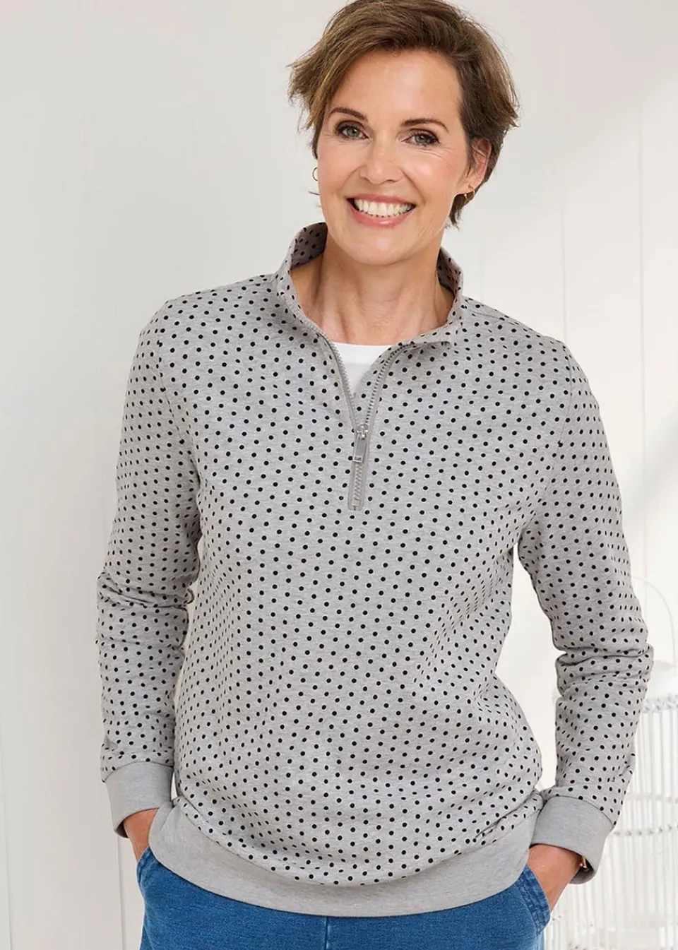 Loungewear>Cotton Traders Grey Marl Print Zip-Neck Sweatshirt