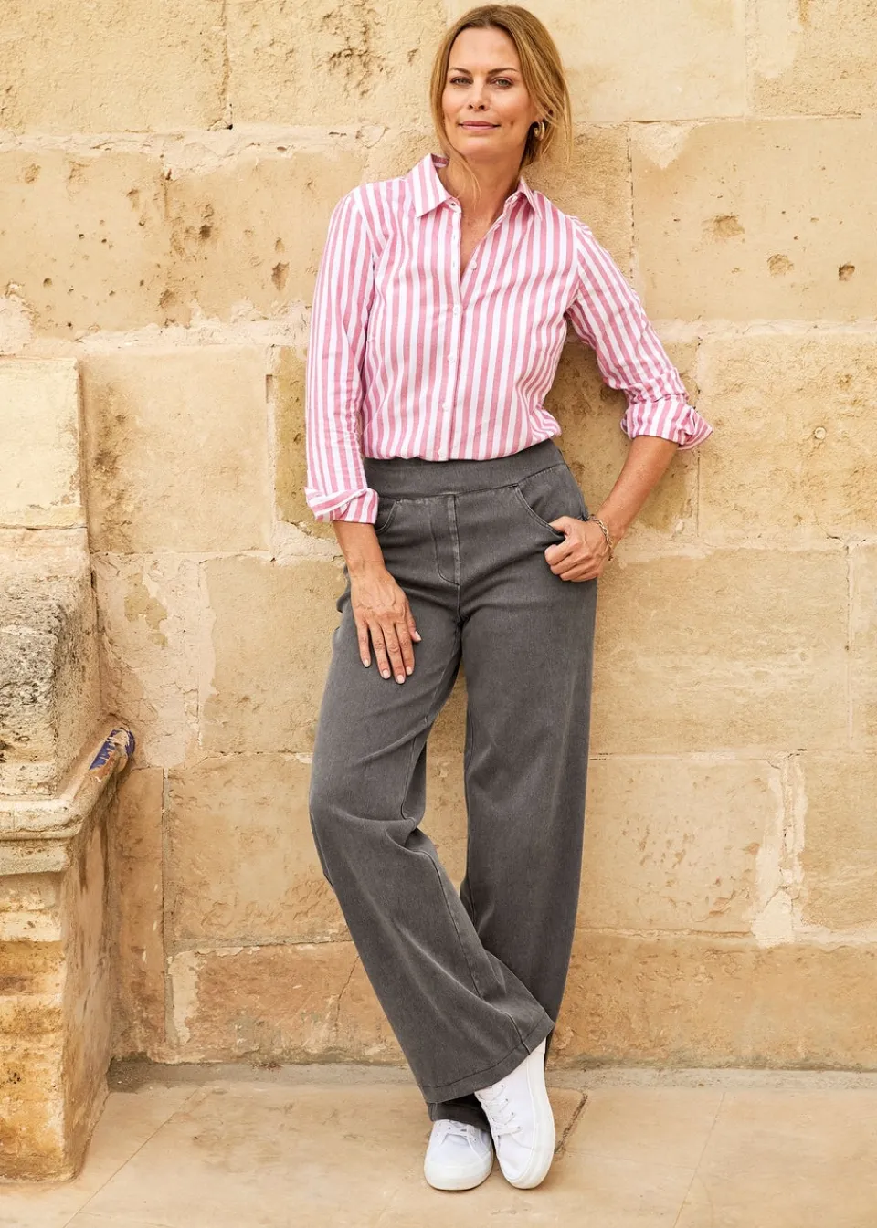 Trousers>Cotton Traders Grey Stretch Jersey Denim Wide-Leg Pull-On Trousers