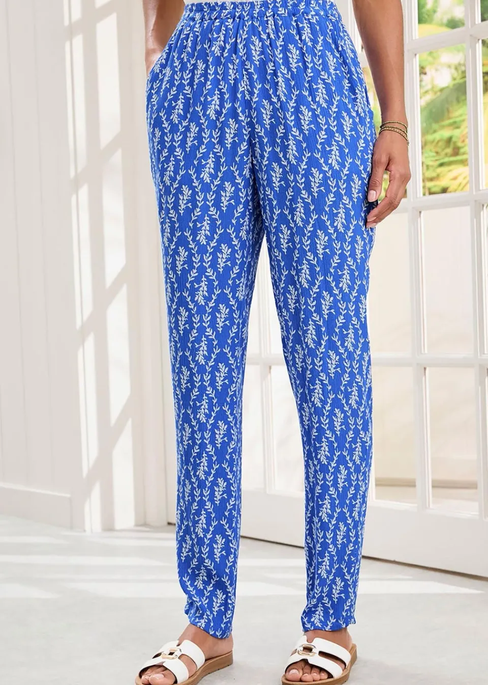 Trousers>Cotton Traders Indigo Printed Crinkle Tapered Leg Trousers
