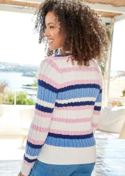 Tops>Cotton Traders Ivory Cutest Cable Stripe Jumper